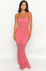 Veronica Pink Mesh Ruched Maxi Dress