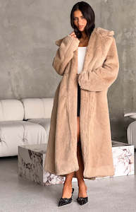 Womenswear: Lyrae Brown Full Length Faux Fur Coat