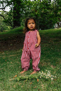 Stripe Cotton Jumpsuit - Red