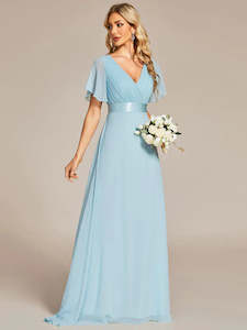 Clothing: Jacqui Double V-Neck Ruffle Sleeve Bridesmaids Dress