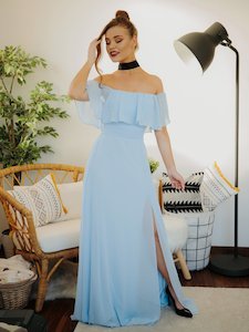 Mia Off Shoulder Ruffle Thigh Split