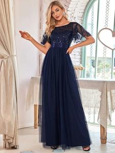 Clothing: Lulu Sequin Print Maxi Long Evening Dresses with Cap Sleeve