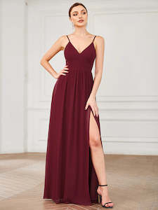 Sleeveless V Neck Bridesmaid Dress with Spaghetti Straps