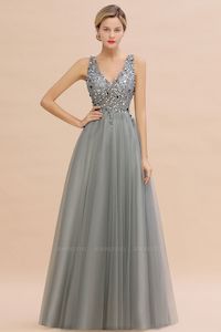 Faith  V-Neck Sleeveless Long Tulle Evening Gown With Crystals