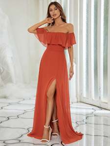 Mia Off Shoulder Ruffle Thigh Split