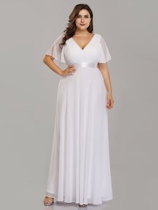 Clothing: Jacqui Double V-Neck Ruffle Sleeve Bridesmaids Dress