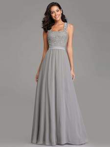 Clothing: Elegant A Line Long Chiffon Bridesmaid Dress With Lace Bodice