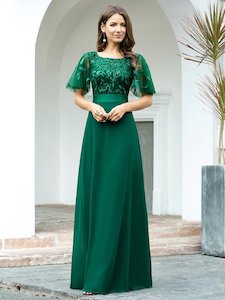 Romantic Round Neck Ruffle Sleeves Bridesmaids Dress