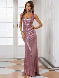 Sabrina Sexy Spaghetti Straps Fishtail Sequin Evening Gown