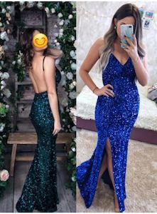 Daisy Deep V Neck Sequin Mermaid Maxi Dress Backless