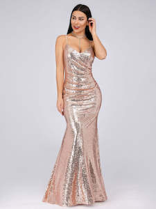 Sabrina Spaghetti Strap Fishtail Sequin Evening Gown