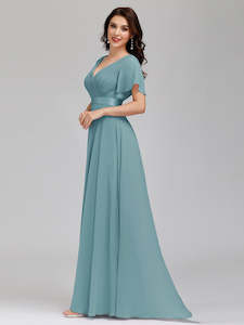 Clothing: Jacqui Double V-Neck Ruffle Sleeve Bridesmaids Dress