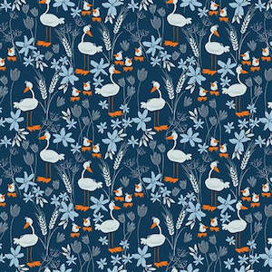 Blue Goose By Meags and Me - Geese and Flowers- Navy (1.6 METRE)