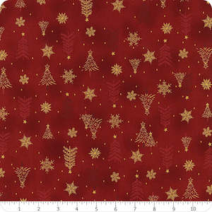 Christmas Fabrics: Stof - Trees and Snowflakes - Red/Gold