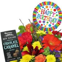 Birthday bouquet, helium balloon, chocolates package