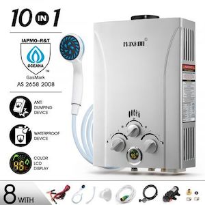 Homewares: MAXKON 10 in 1 550L/Hr Portable Outdoor Gas LPG Instant Shower Water Heater - Silver