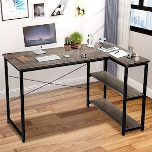 Homewares: LUXSUITE Computer Desk L Shape Oak Corner Writing Gaming Study Table Home Office Workstation with Storage Shelf