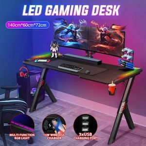 Gaming Desk Computer Office Racer Table 140CM RGB LED Carbon Fiber Wireless USB Charger