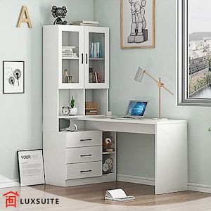 White Computer Desk Bookcase Office Study Writing Laptop Table Shelving Bookshel…