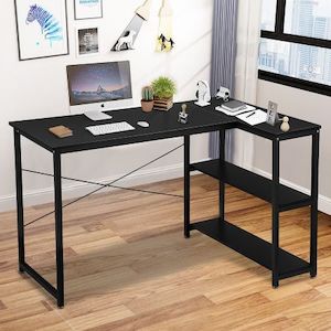 Homewares: LUXSUITE Computer Desk Black L Shape Gaming Writing Study Corner Table Home Office Workstation with Storage Shelf