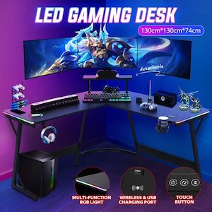 L Shaped Gaming Desk Corner Computer Table Gamers Office Racer Workstation LED R…