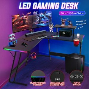 L Shaped Gaming Desk Computer Office Workstation Gamer Desktop 130cm Corner Carb…