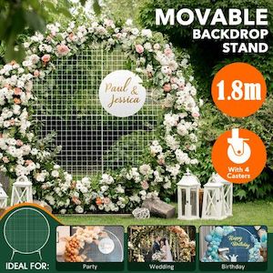 Homewares: Wedding Party Backdrop Stand with Wheels Movable Round Hoop Arch Mesh Photo Balloon Flower Display Circle Metal Frame 1.8M