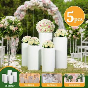 Homewares: 5PCS Display Stand Round Plinth Decorative Retail Wedding Desserts Exhibition Party Cylinder Pedestal Freestanding Holder White