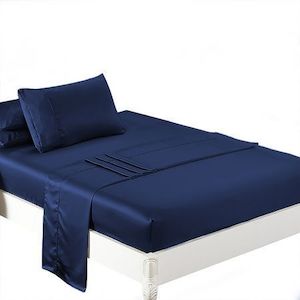 Homewares: DreamZ Silky Satin Sheets Fitted King Single Blue