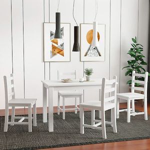 Homewares: Wooden Table Set Chairs 5 Piece Dining Kitchen Pine Wood Furniture Rectangular White Modern Office Work