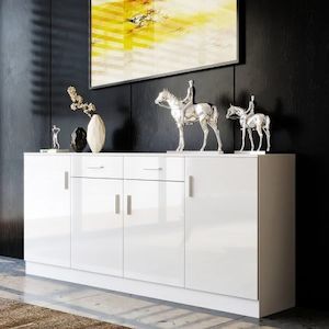 Modern Sideboard Buffet Storage Cabinet High Gloss Front 4 Doors Cupboard White