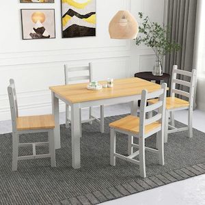 Wooden Table Set Chairs 5 Piece Dining Kitchen Pine Wood Furniture Rectangular G…