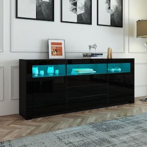 160cm TV Stand Cabinet Sideboard with Black High Gloss Front RGB LED