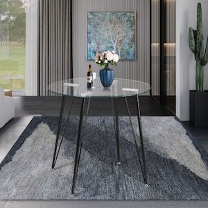 Homewares: Round Clear Glass Dining Table Coffee Table Kitchen Table with Four Metal Legs, 80x80x75cm