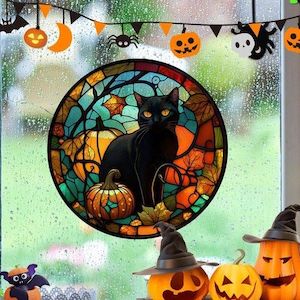 Halloween Horror Castle Black Cat Window Stickers, PVC, No Glue, Static Decorati…