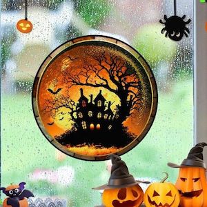 Halloween Horror Castle Black Cat Window Stickers, PVC, No Glue, Static Decorati…