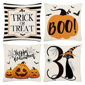 Set of 4 Halloween Pillow Covers 18 x 18, Happy Halloween Linen Pillowcases for Sofa Bed