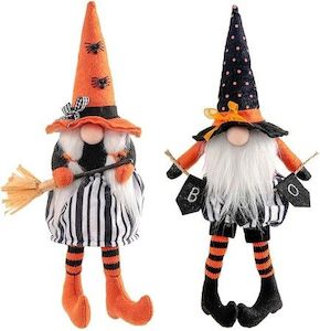 2PCS Halloween Witch Gnomes Plush w/Broom for Tier Tray Decor, Handmade Hallowee…