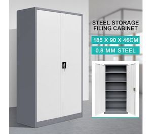 Filing Cabinet Steel Lockable Storage Cupboard w/4 Adjustable Shelves - Dark Grey and White