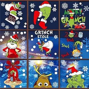 Grinch Window Clings Christmas Decals, 9 Sheet Grinch Window Decorations Double-…