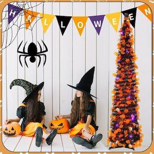 1.5m Purple Tinsel Pop Up Halloween Christmas Tree with LED Lights Built Pumpkin…