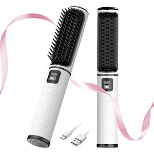 Homewares: Cordless Portable Hair Straightener Brush-Negative Ion Fast Heating Hair Styling Hot Comb,Quick Heat & Travel Size Rechargeable Comb(1Pack-White)