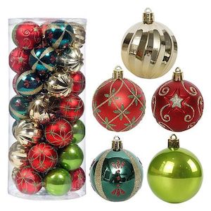 Homewares: Christmas Tree Ornaments, 30 Pieces 2.36 Inch Christmas Balls Decoration Set, Red Green and Gold Christmas Balls, Shatterproof Hanging Ornaments Set for Tree