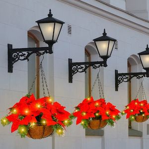 Homewares: Christmas Flower Hanging Planter with Lights Faux Hanging Christmas Potted Basket with Pine Picks for Outdoors Indoor Holiday, 1 Pack