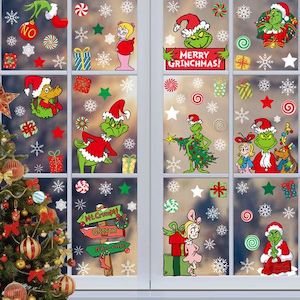 9 Sheets Christmas Grinch Window Clings Glass Stickers Double Sided Christmas Wi…