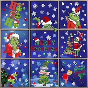 9 Sheets Grinch Christmas Decorations Window Clings, 102pcs Christmas Window Sti…