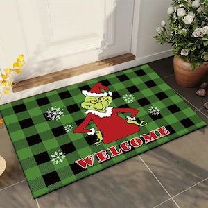 Homewares: Christmas Doormat Grinch Christmas Doormat Plaid Doormat Anti-Slip Washable Winter Doormat(Green)