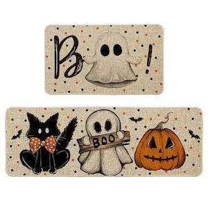 Homewares: Ghost Pumpkin Cat Boo Orange Halloween Kitchen Mats Set of 2,Black Home Decor Low-Profile Kitchen Rugs for Floor(50 80-50 120CM)