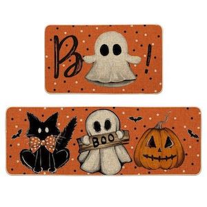 Ghost Pumpkin Cat Boo Orange Halloween Kitchen Mats Set of 2,Black Home Decor Lo…