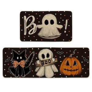 Ghost Pumpkin Cat Boo Orange Halloween Kitchen Mats Set of 2,Black Home Decor Lo…